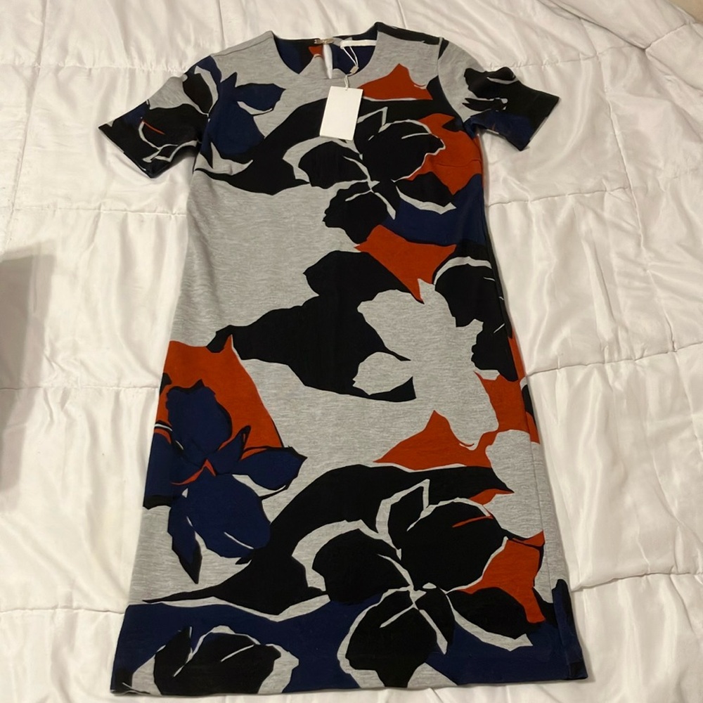 NWT Hugo Boss Erda Floral Print Dress Gray Red Blue Black XS